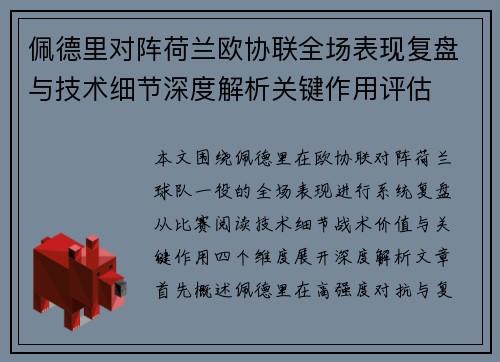 佩德里对阵荷兰欧协联全场表现复盘与技术细节深度解析关键作用评估