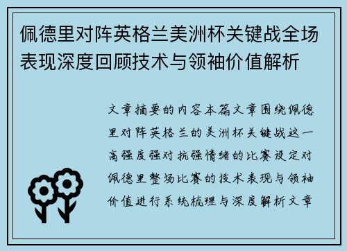 佩德里对阵英格兰美洲杯关键战全场表现深度回顾技术与领袖价值解析